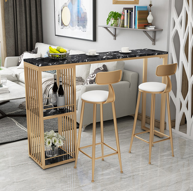 Faux Marble Pub Table 2-shelf Rectangle Cocktail Bar Table with Metal Base