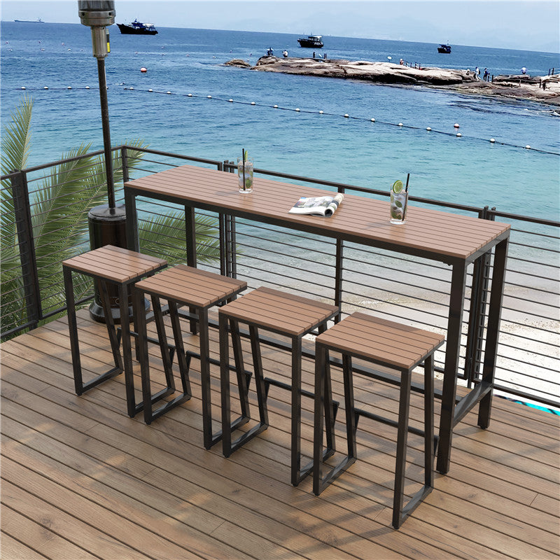 Industrial Metal and Wood Bar Table Outdoor Rectangle Bar Table with Trestle Base