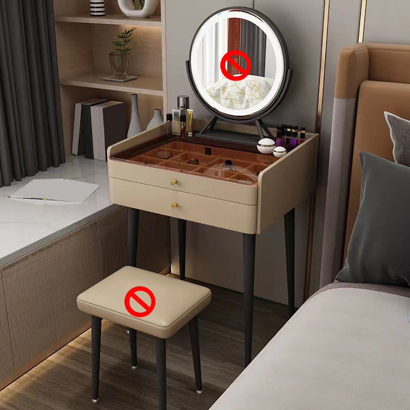 2 Storage Drawers Vanity Set Glass Top Jewelry Dressing Table with Padded Stool