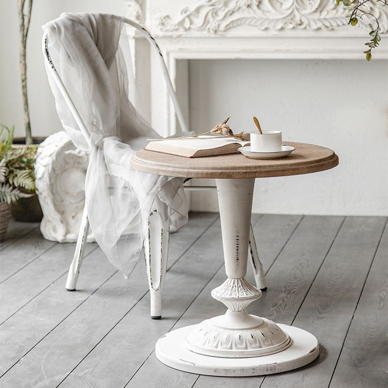 French Country Solid Wood Round Metal Pedestal Single Coffee Table