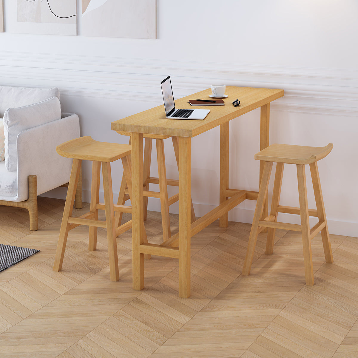 Natural Bar Table Set 1/4 Pieces Rectangle Solid Wood Counter Table Set