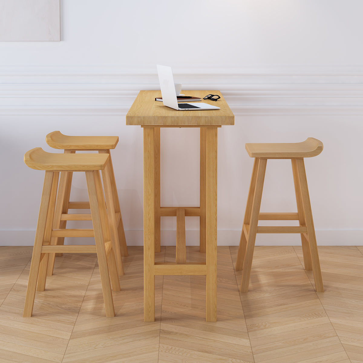 Natural Bar Table Set 1/4 Pieces Rectangle Solid Wood Counter Table Set