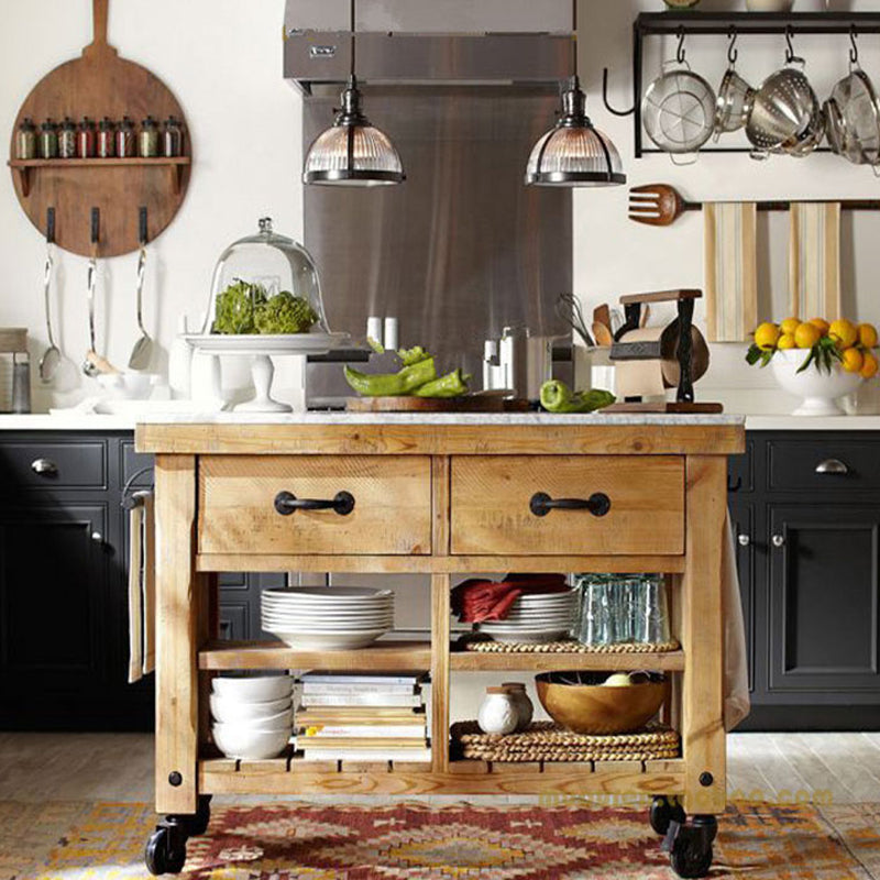 Contemporary Wood Kitchen Trolley Stationary Kitchen Island Table with Drawer
