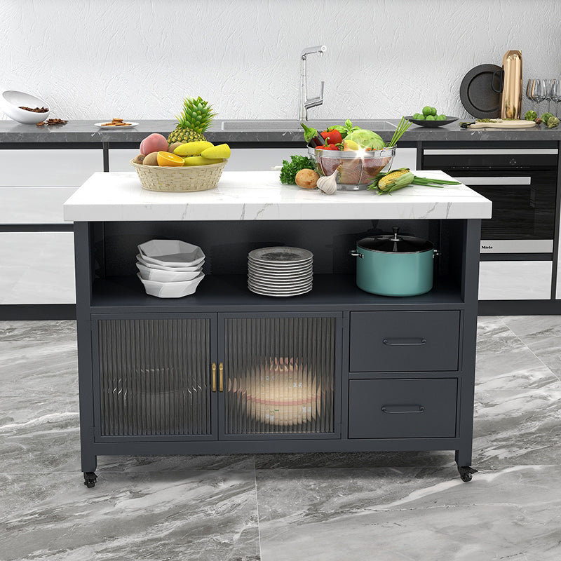 Modern Style Marble Kitchen Trolley Stationary Kitchen Trolley with Double Sided Cabinet