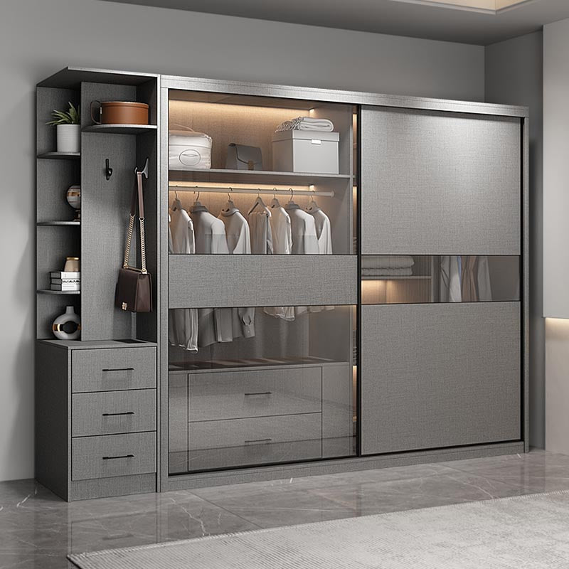 Modern Style Glass Wardrobe Gray Colour Soft Close Drawer Wardrobe Closet