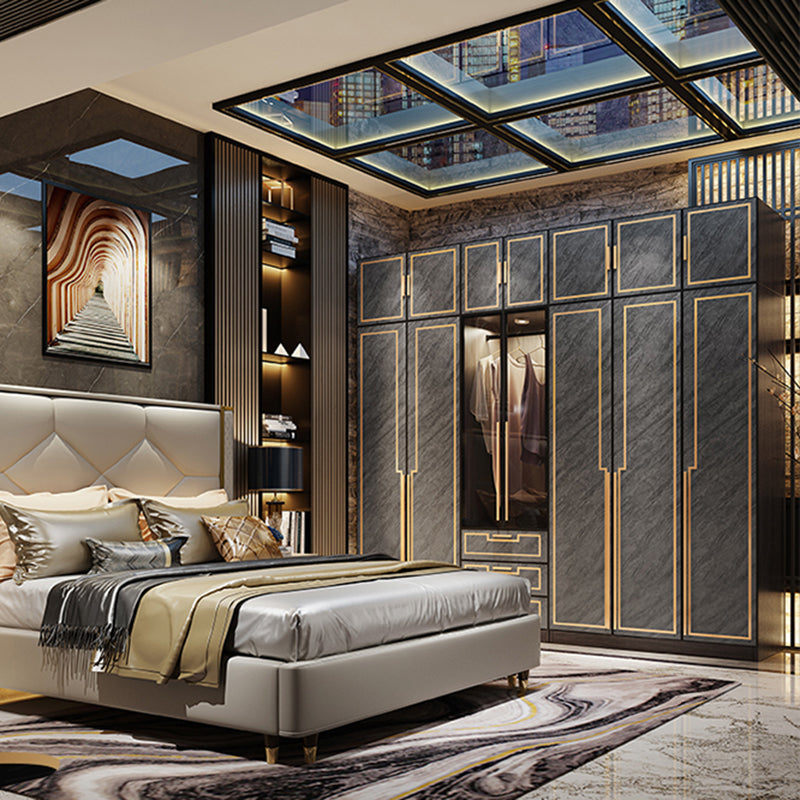 Grey Glass Door Armoire with Garment Rod Modern Storage Cabinet for Bedroom