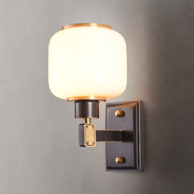 Modern Metal Wall Sconce Lantern Shape Wall Light with Glass Shade for Bedroom