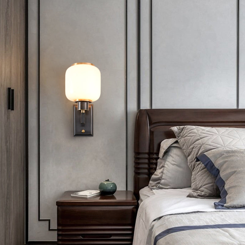 Modern Metal Wall Sconce Lantern Shape Wall Light with Glass Shade for Bedroom