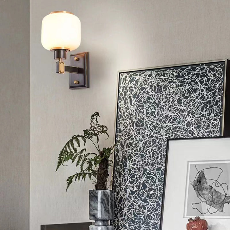 Modern Metal Wall Sconce Lantern Shape Wall Light with Glass Shade for Bedroom