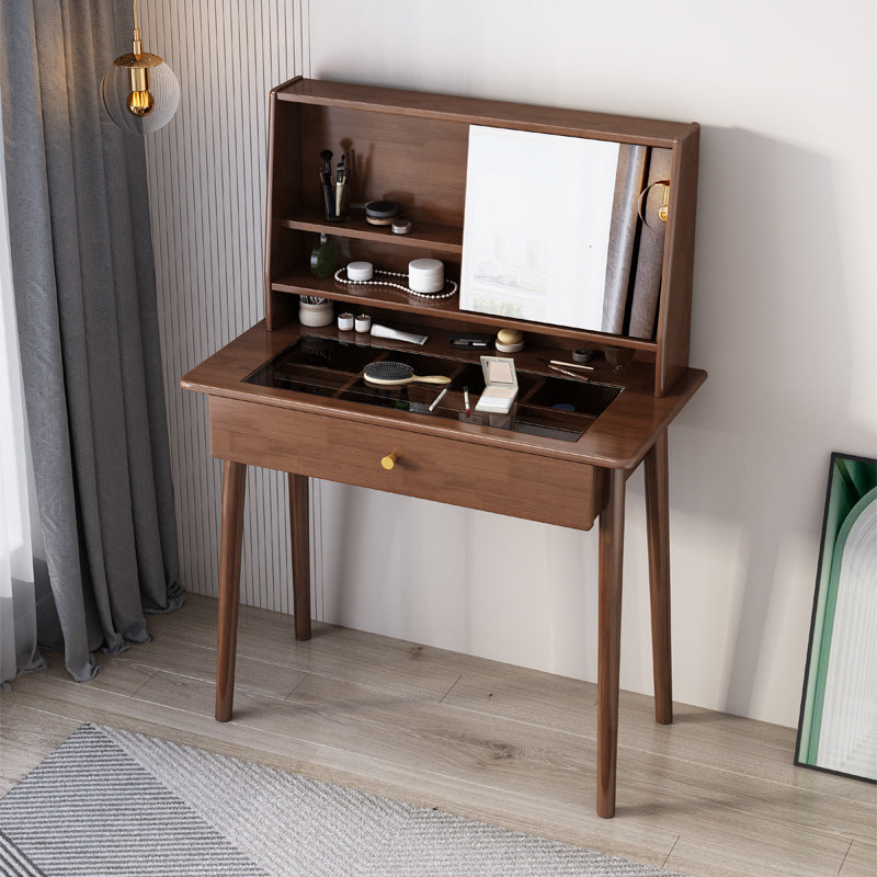 Mirrored Wood Makeup Dressing Table Stool Set in Natural/Walnut Finish