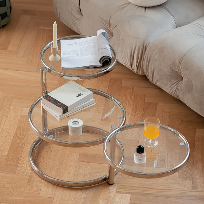 Extendable Coffee Table with Glass Round Top and Stainless Steel Base