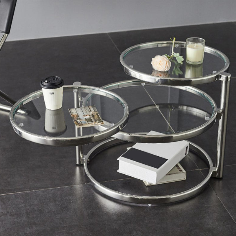 Extendable Coffee Table with Glass Round Top and Stainless Steel Base