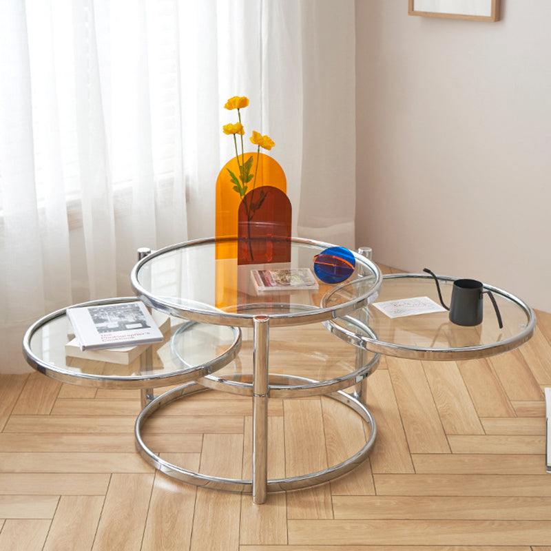 Extendable Coffee Table with Glass Round Top and Stainless Steel Base