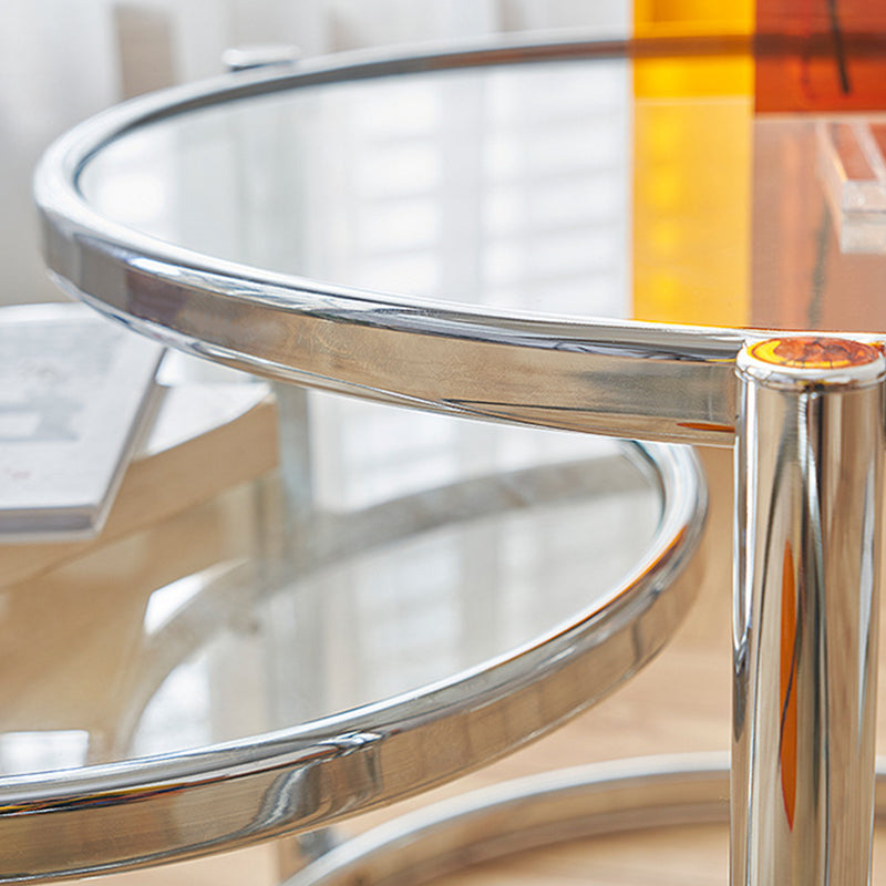Extendable Coffee Table with Glass Round Top and Stainless Steel Base