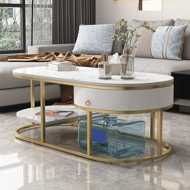 Glam Style Cocktail Table with Shelf and Drawer Stone Ova Top Coffee Table
