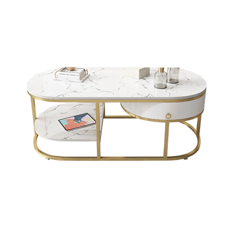 Glam Style Cocktail Table with Shelf and Drawer Stone Ova Top Coffee Table