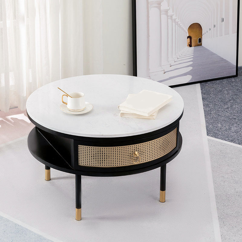 17.7" H Round Slate Coffee Table 4 Legs Cocktail Table with 2 Drawers