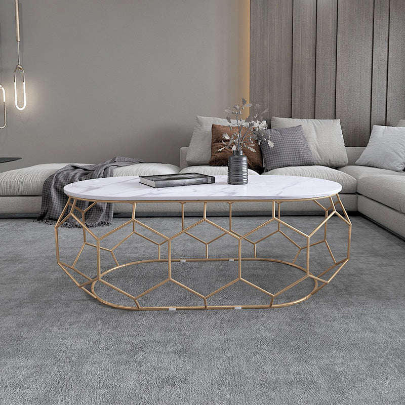 Glam Slate Coffee Table with Iron Frame and Oval Stone Top Cocktail Table
