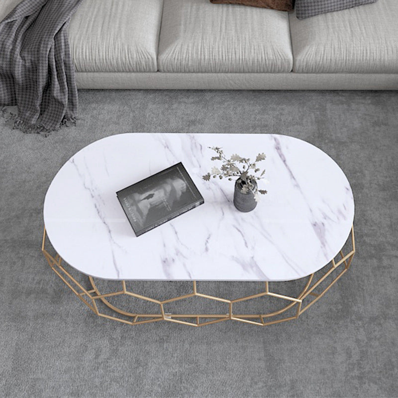 Glam Slate Coffee Table with Iron Frame and Oval Stone Top Cocktail Table