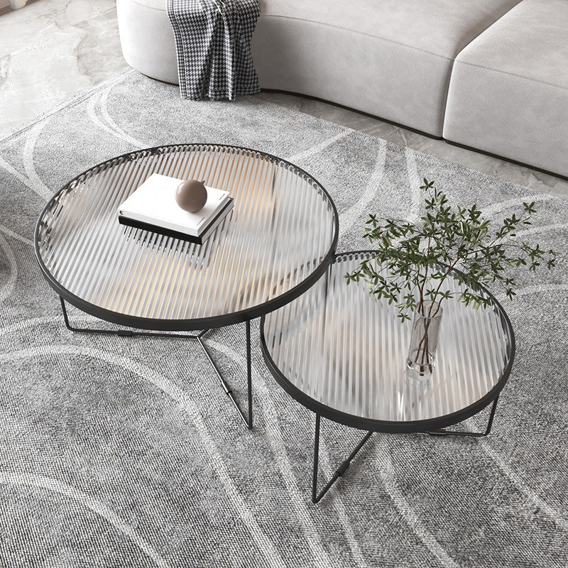 Contemporary Cross Legs Glass Round Metal Nesting Coffee Table Set