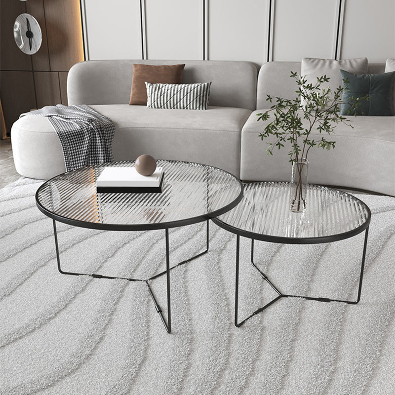 Contemporary Cross Legs Glass Round Metal Nesting Coffee Table Set