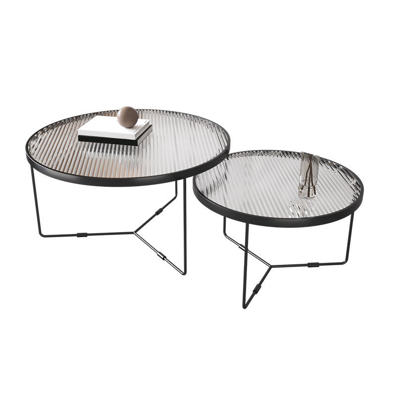 Contemporary Cross Legs Glass Round Metal Nesting Coffee Table Set