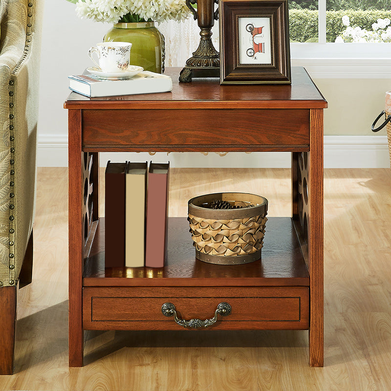 Modern Square Double Tier End Table Solid Wood 4 Legs End Table