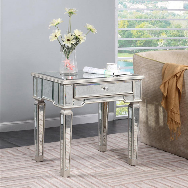 Contemporary Square Glass Top End Table 4 Legs End Table with Drawer