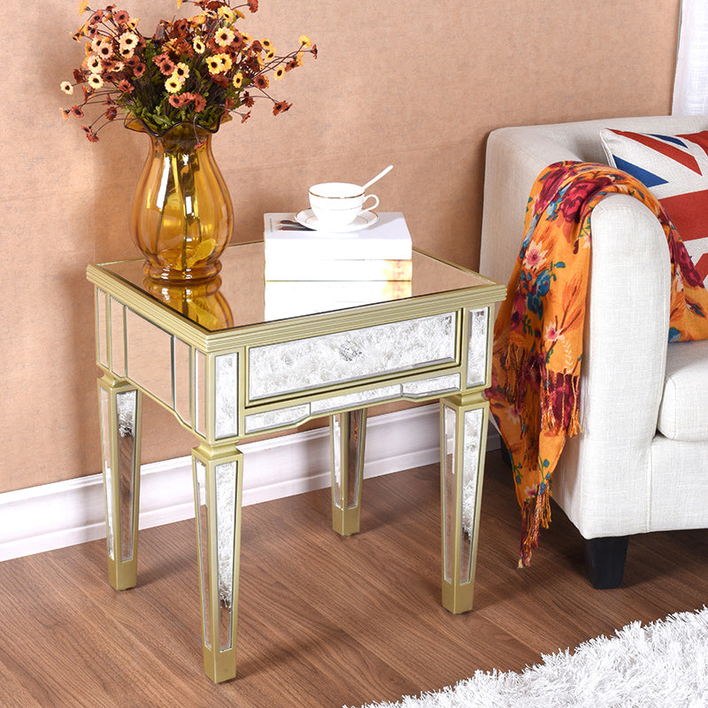Contemporary Square Glass Top End Table 4 Legs End Table with Drawer