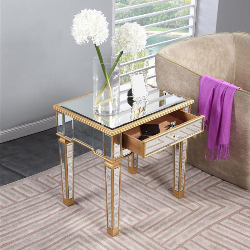 Contemporary Square Glass Top End Table 4 Legs End Table with Drawer