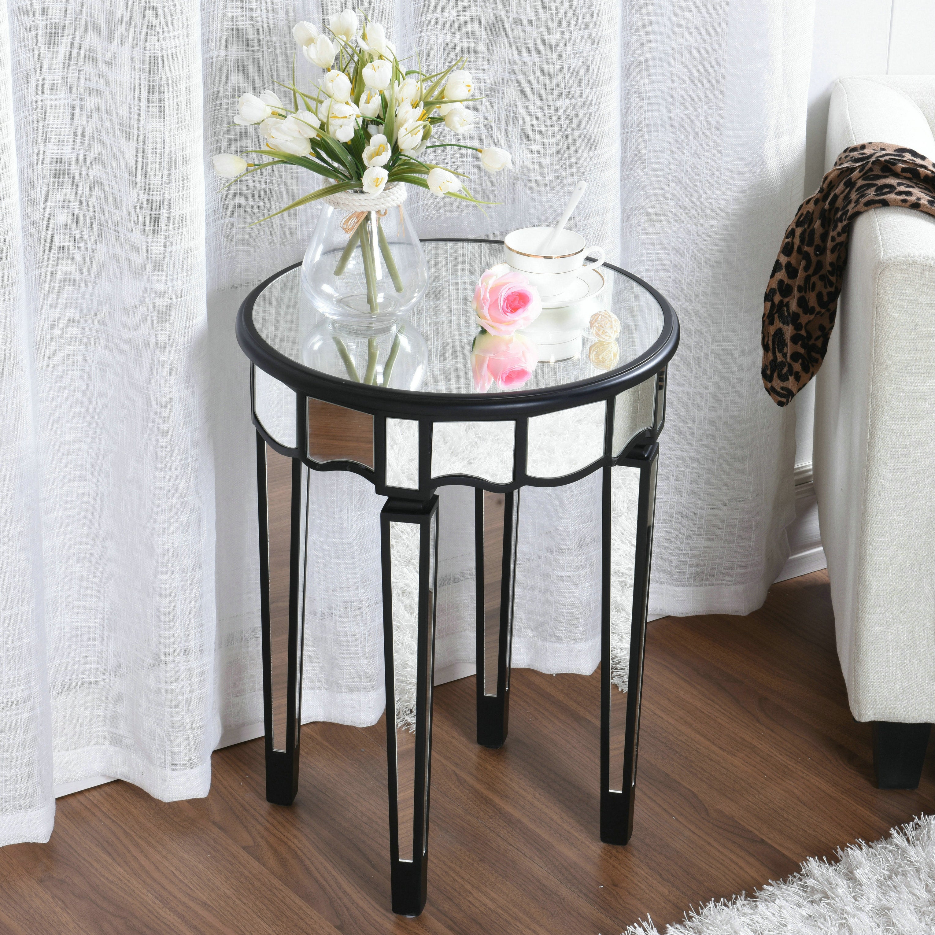 Round Glass Top Side End Table Modernistic Solid Wood 4 Legs End Table