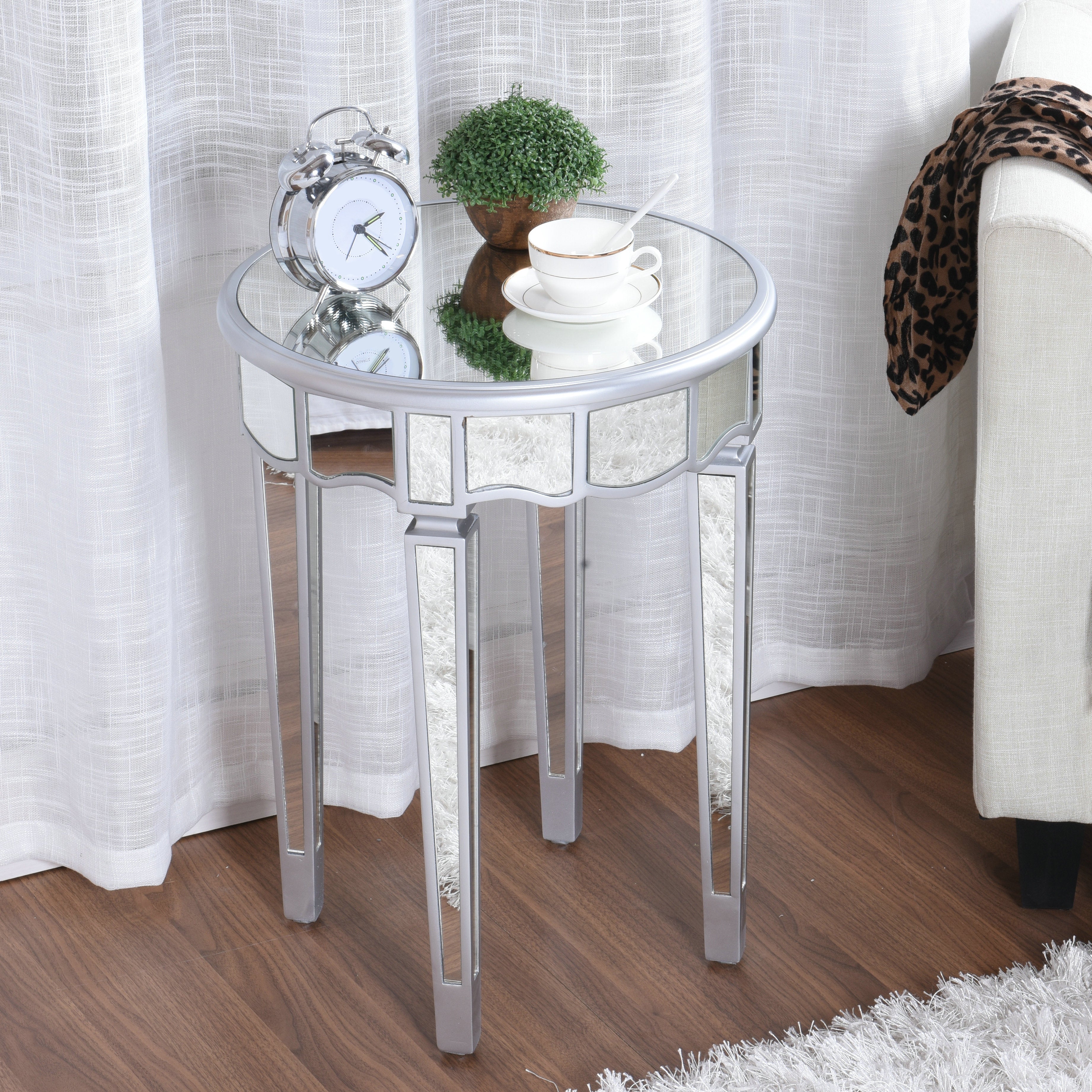 Round Glass Top Side End Table Modernistic Solid Wood 4 Legs End Table