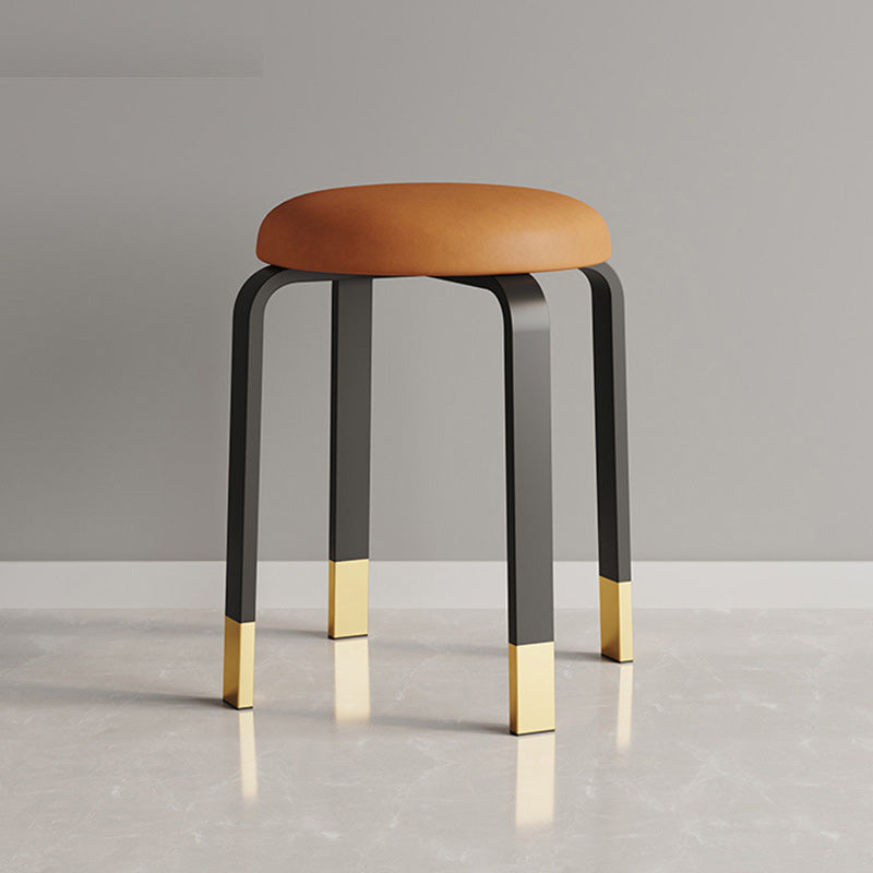 Modern Ottoman Fabric Upholstered Solid Color Metal Frame Round Ottoman