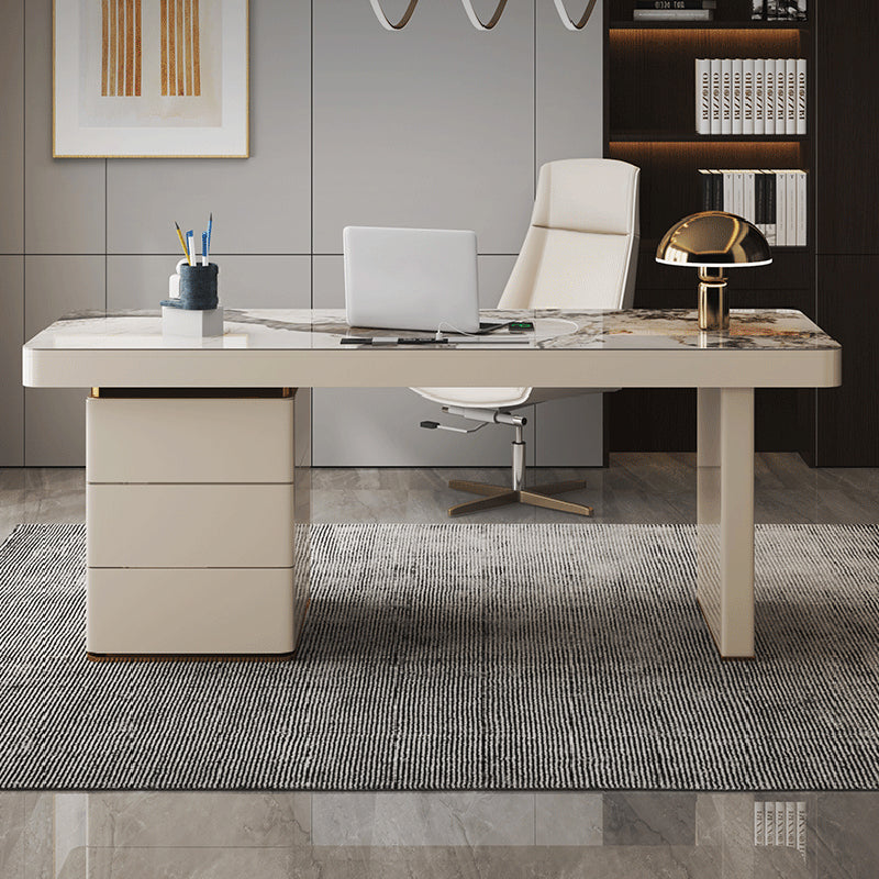 Beige Rectangular Writing Desk Glam Cable Management Office Desk with Drawers
