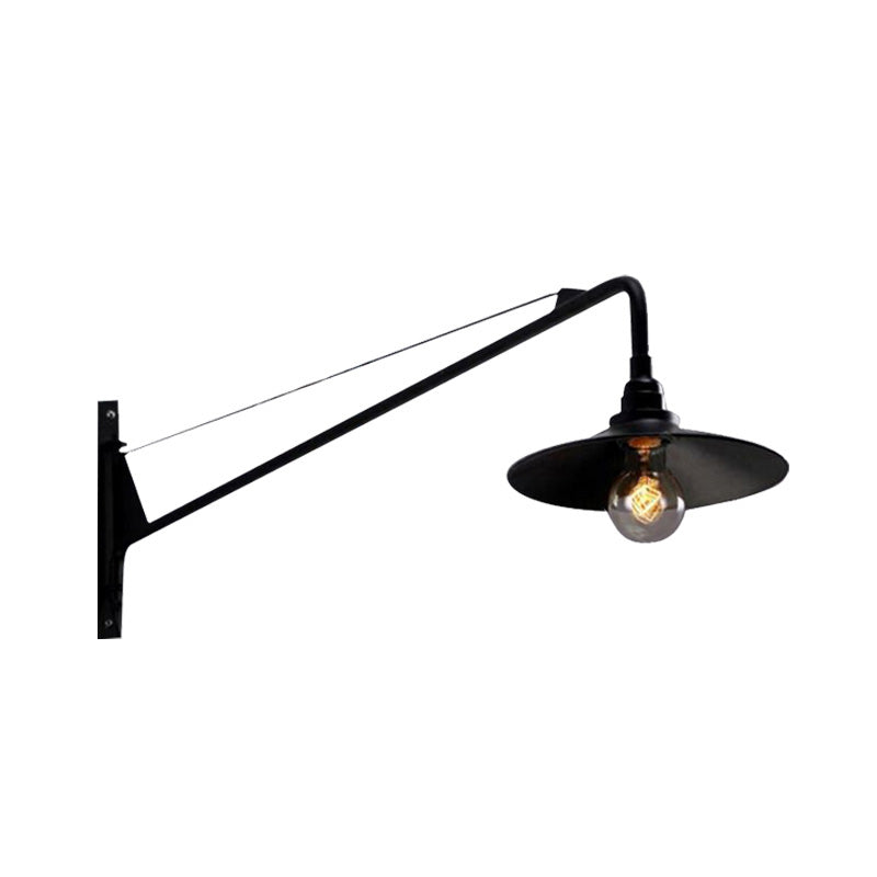 Metallic Wide Flared Wall Lighting Antiqued 1 Light Coffee Shop Wall Lamp in Black with Long Arm