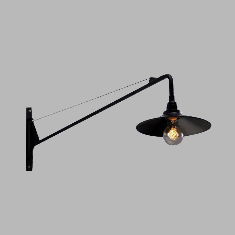 Metallic Wide Flared Wall Lighting Antiqued 1 Light Coffee Shop Wall Lamp in Black with Long Arm