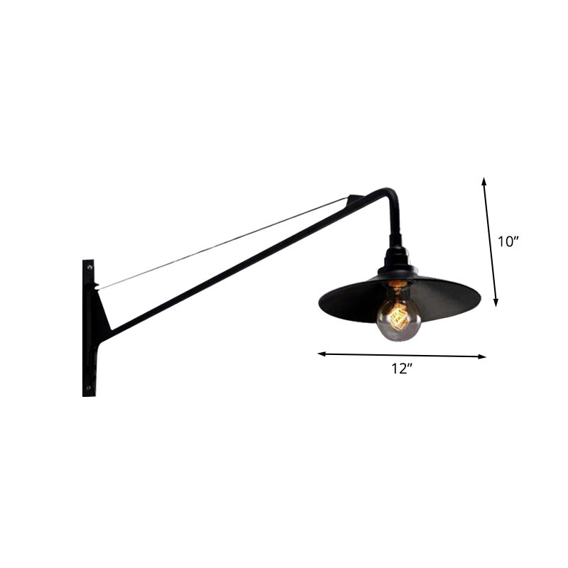 Metallic Wide Flared Wall Lighting Antiqued 1 Light Coffee Shop Wall Lamp in Black with Long Arm