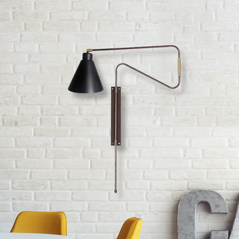 1-Bulb Wall Lighting Vintage Conical Iron Rotatable Wall Mount Sconce with Black/Gold/Coffee Backplate and Arm