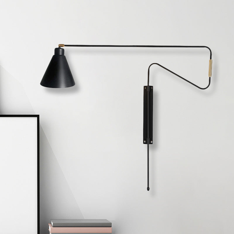 1-Licht-Metallwand-Lampe Antiquierkaffee/Schwarz/Gold Finish lang gebogener Arm Wohnzimmer Rotatable Wandleuchte mit Kegelschatten