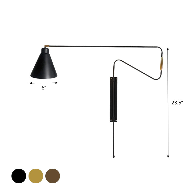 1-Licht-Metallwand-Lampe Antiquierkaffee/Schwarz/Gold Finish lang gebogener Arm Wohnzimmer Rotatable Wandleuchte mit Kegelschatten