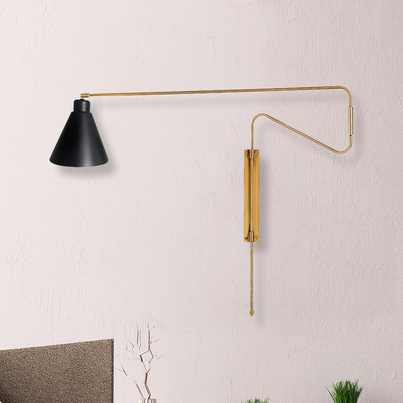 Lampada da parete in metallo a 1 luce Coffee antichi/finitura nera/oro braccio curvo lungo soggiorno a parete rotabile con tonalità cono