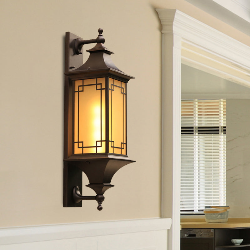 1-Light Wall Lighting Rustic Cuboid Amber Glass Wall Mount Sconce in Brown with Double Arm