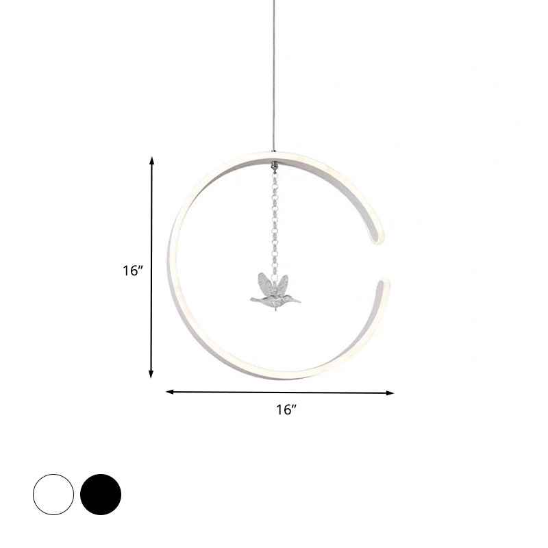 Ring à bague acrylique LED minimaliste LED suspendu plafond plafond en blanc / noir avec décor de cristal d'oiseau
