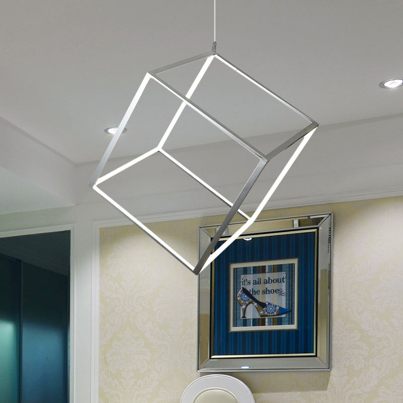 Aluminum Cubic Frame Chandelier Minimalist Gold/Silver LED Hanging Ceiling Light in Warm/White Light for Living Room