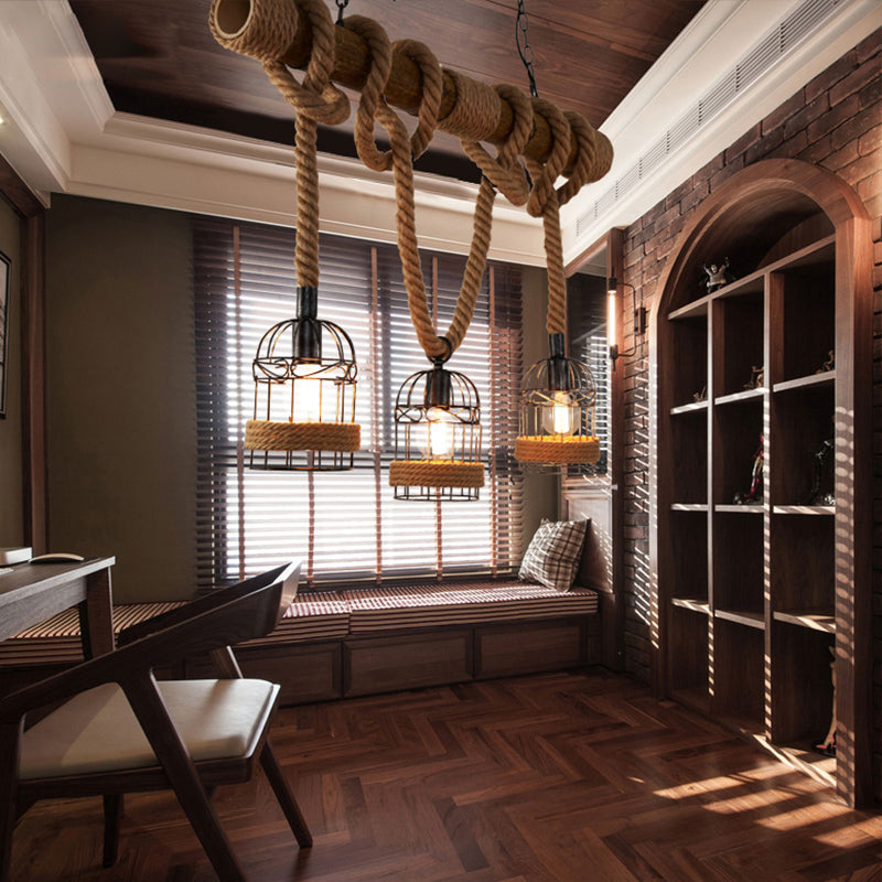 Industrial Style Birdcage Shape Island Pendants Rope Pendant Lights for Restaurant
