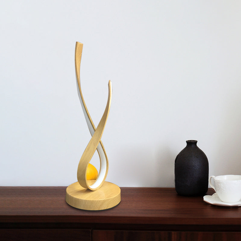Beige Finish Twisted Desk Lighting Modernism LED Acrylic Nightstand Lamp, Wooden Base