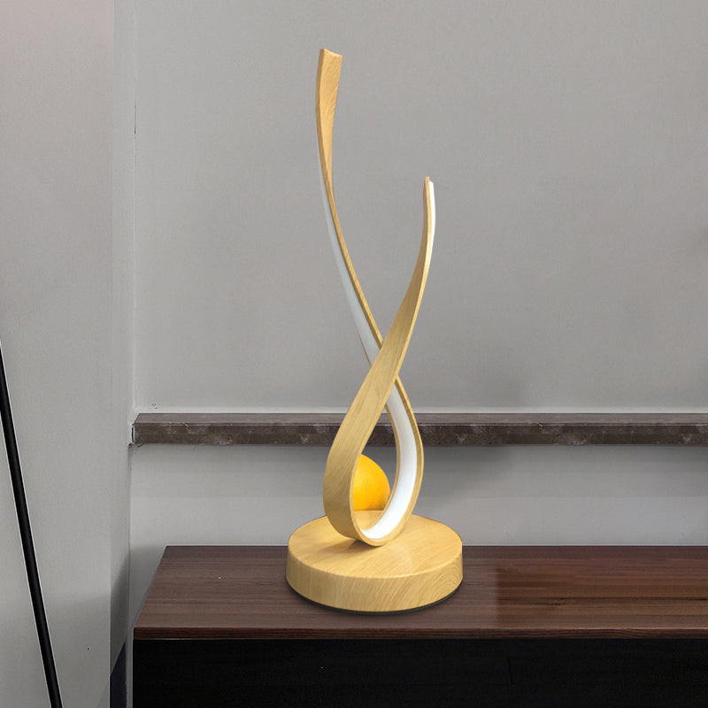 Beige Finish Twisted Desk Lighting Modernism LED Acrylic Nightstand Lamp, Wooden Base
