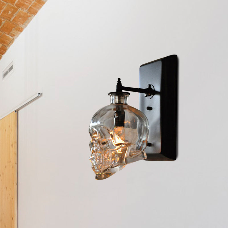 Clear Glass Skull Shaped Wall Sconce Modern 1 Light Living Room Lighting Fixture in Black
