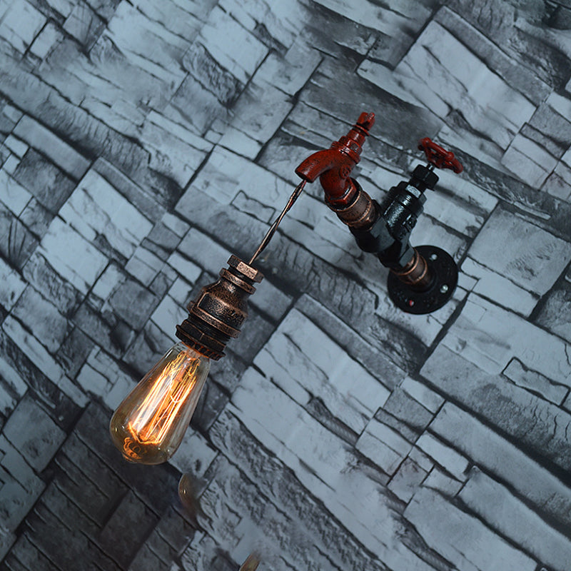 Steampunk Style Open Bulb Wall Hanging Light with Faucet 1 Light Iron Wall Mount Fixture in Bronze