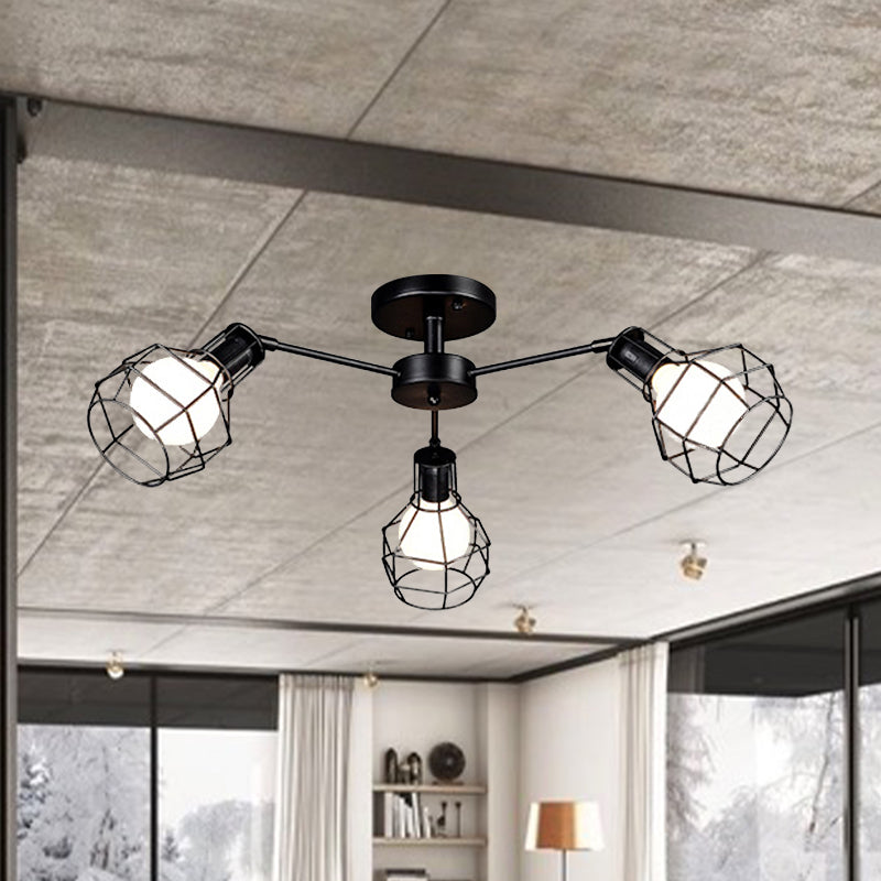 Global Metal Semi Mount Lighting met Wire Frame Vintage 3/5/8 Heads slaapkamer Verstelbare Plafond Gemonteerd Licht in zwart